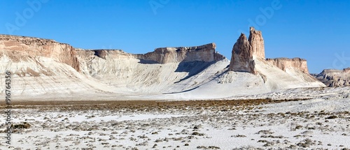 (Super wide view) A stunning view of Chalk cliff, Bozzhira tract, Mangystau, Kazakhstan photo