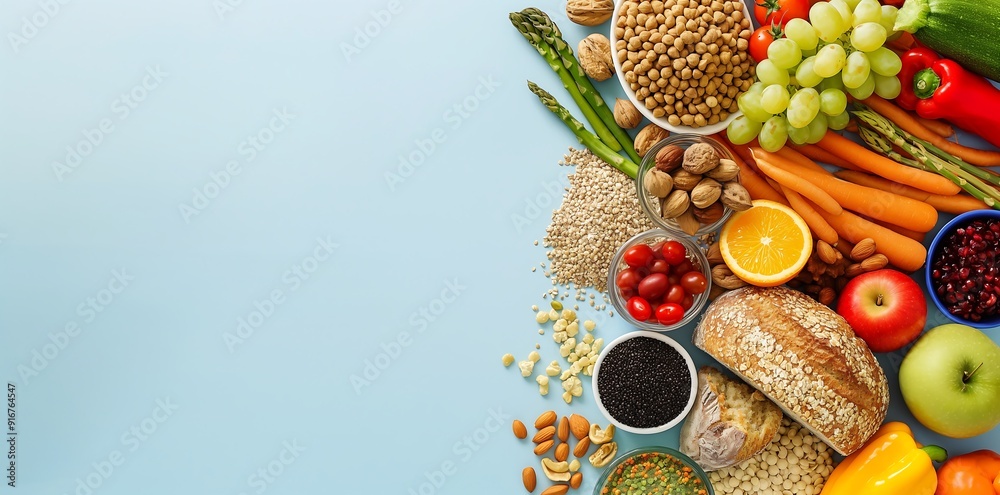 High-fiber foods including whole grains, fruits and vegetables, rich in ...