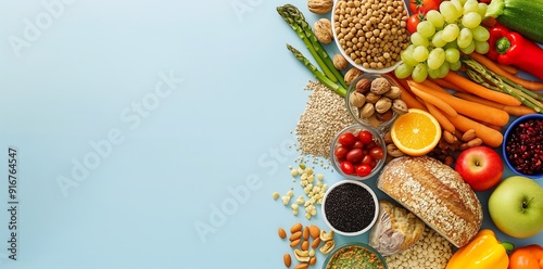 Fototapeta Naklejka Na Ścianę i Meble -  High-fiber foods including whole grains, fruits and vegetables, rich in corn, rope, breads, pastas, avocados, blueberries, dried beans, nuts, chia seeds and broccoli
