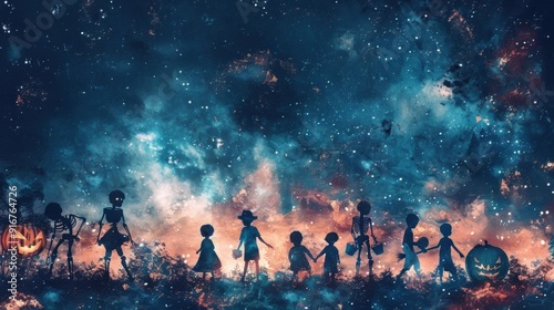 Silhouettes of children holding hands in a mystical Halloween night, surrounded by glowing pumpkins and a starry sky background.