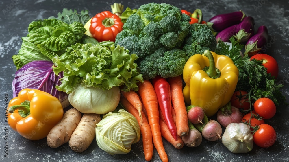 Fresh and vibrant vegetables arranged on a textured surface in natural lighting Fresh and vibrant vegetables arranged on a textured surface in natural lighting