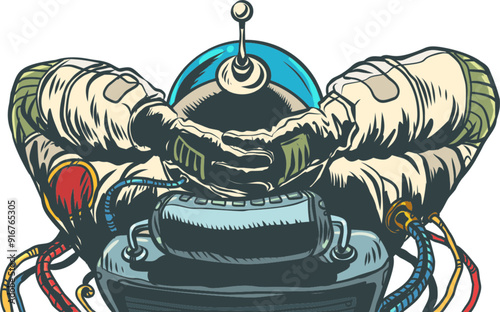 The astronaut looks with his hands behind his head. Relax in any situation. Watch the starry sky.