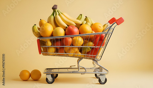 A shopping cart overflowing with bright and colorful fruits of all kinds. 