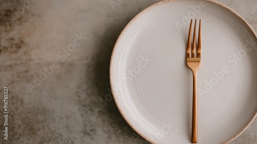 A minimalistic and modern table setting featuring a plain white dish with a golden fork placed centrally, creating an elegant and sophisticated dining arrangement suitable for any contemporary settin photo