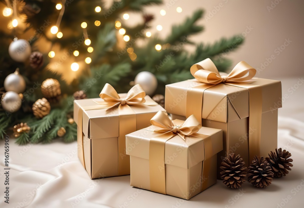 Christmas gifts wrapped in gold paper with satin bows are beautifully arranged among pine branches and cones. Ai generated Christmas gifts wrapped in gold paper with satin bows are beautifully arranged among pine branches and cones. Ai generated
