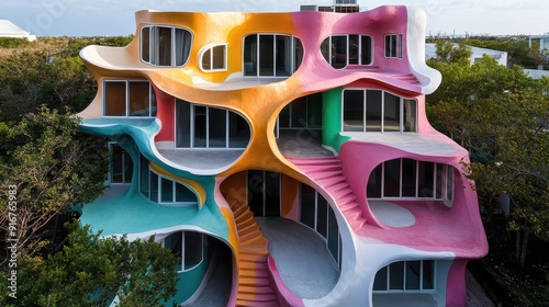 A vibrant, colorful modernist building showcased in an organic architectural design with flowing, soft-edged forms, blending harmoniously with surrounding greenery and environment. photo