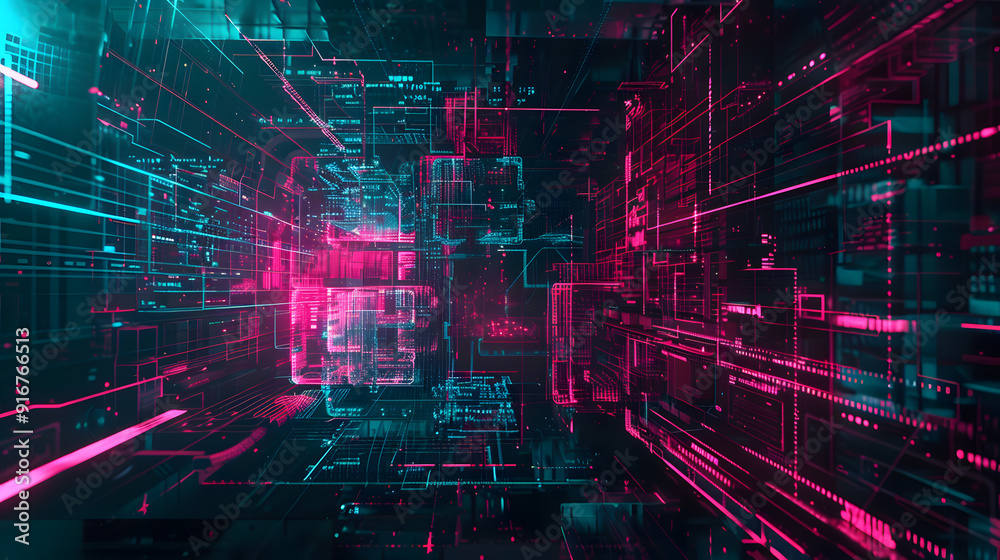 Imagine a conceptual 3D rendering of a futuristic digital cityscape with vibrant neon lights in teal and magenta shades, showcasing elements of cyberpunk and futuristic innovation Imagine a conceptual 3D rendering of a futuristic digital cityscape with vibrant neon lights in teal and magenta shades, showcasing elements of cyberpunk and futuristic innovation