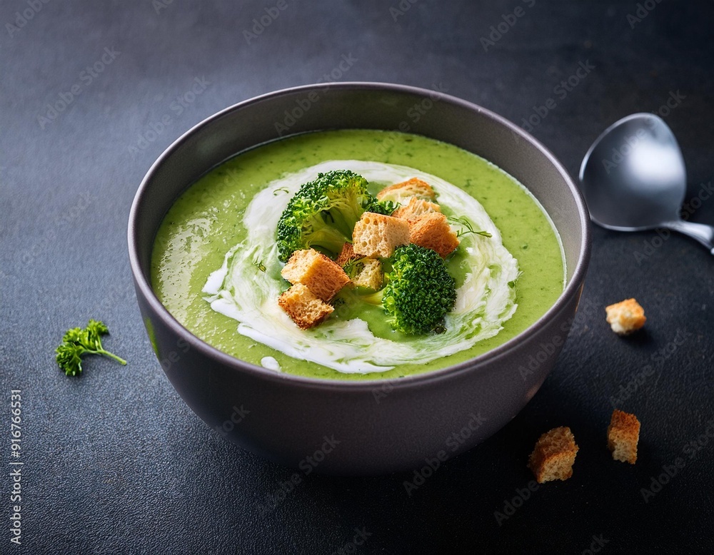 broccoli soup in a ceramic bowl with cream, bread croutons broccoli soup in a ceramic bowl with cream, bread croutons