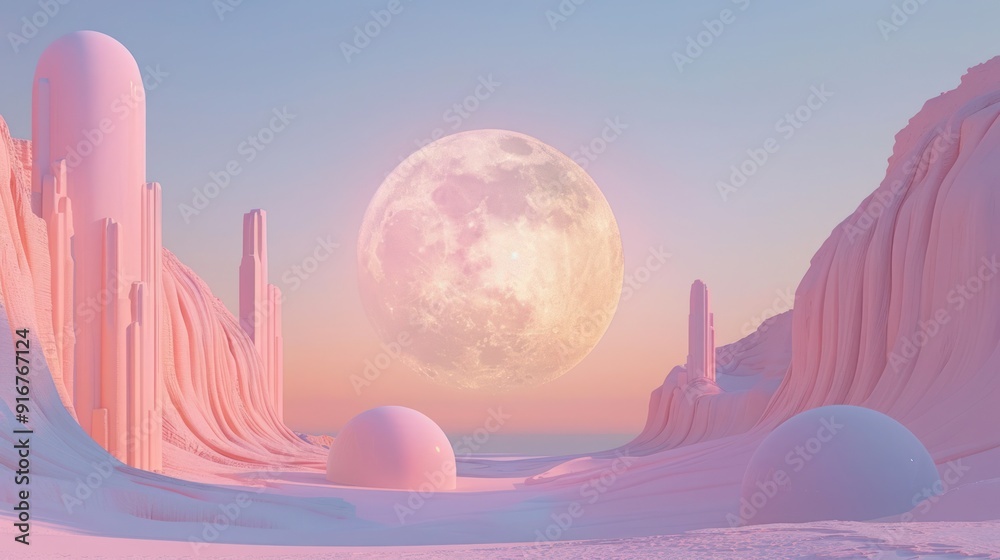 Fototapeta premium Surreal Minimalist Landscape with Pastel Colors and Full Moon in Dreamlike Desert Setting