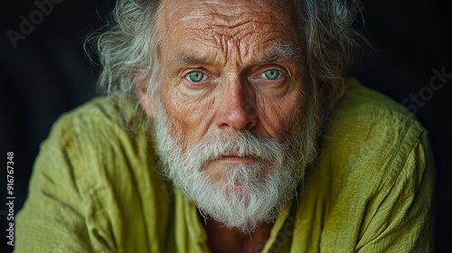 portrait of a sixty year old ugly hippie dressed casually in yellow lime linen