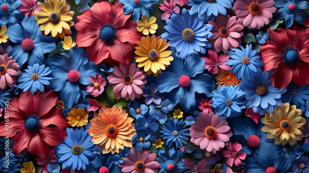 Vibrant 3D abstract flower assortment creating a beautiful wallpaper pattern Vibrant 3D abstract flower assortment creating a beautiful wallpaper pattern
