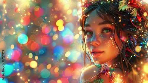 Enchanted forest maiden with floral crown illuminated by vibrant, magical bokeh lights creating a fairy-tale atmosphere.