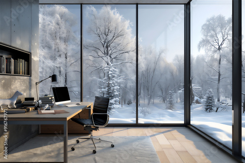 Home office interior with winter theme, version 4 