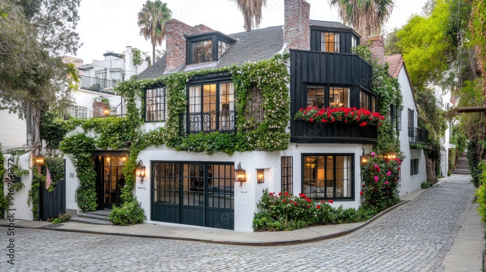 Fototapeta premium Vibrant red roses and lush green plants frame a modern blue garage door against white walls, enhancing the inviting atmosphere of this elegant property