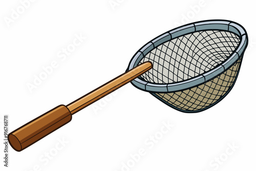 Fishing net with wooden handle for catching fish art vector illustration