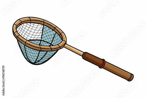 Fishing net with wooden handle for catching fish art vector illustration