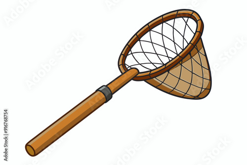 Fishing net with wooden handle for catching fish art vector illustration