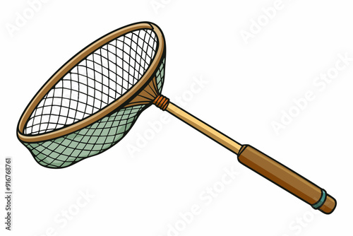 Fishing net with wooden handle for catching fish art vector illustration