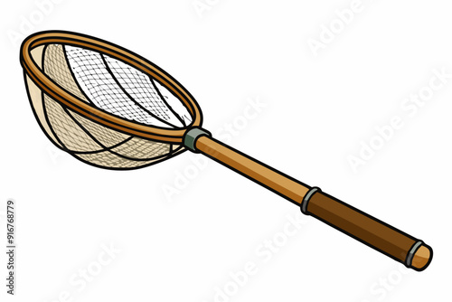 Fishing net with wooden handle for catching fish art vector illustration