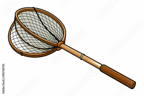 Fishing net with wooden handle for catching fish art vector illustration