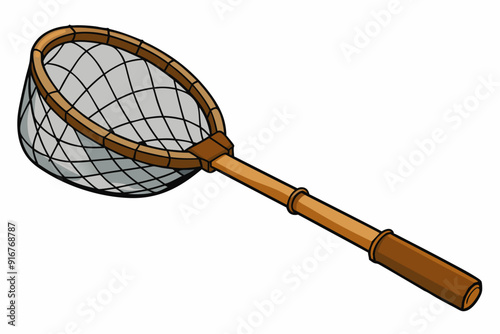 Fishing net with wooden handle for catching fish art vector illustration