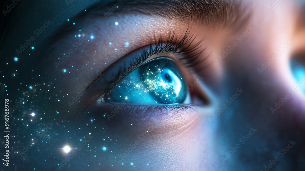 Close-up of a person's eye with a cosmic astrology galaxy reflection under a starry night Close-up of a person's eye with a cosmic astrology galaxy reflection under a starry night