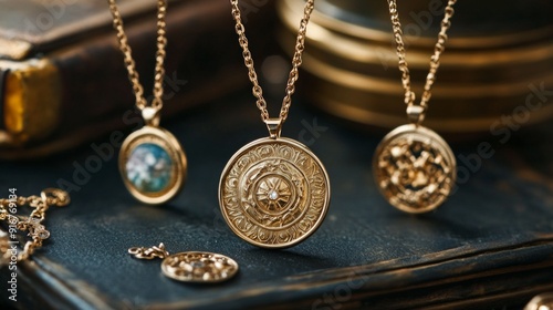 Stylish astrology necklaces featuring zodiac symbols displayed elegantly on a vintage leather background