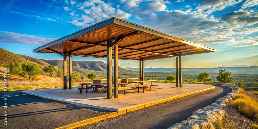 Spacious shaded structure alongside a highway offers respite from scorching temperatures, framing picturesque landscapes for travelers to appreciate naturally. Spacious shaded structure alongside a highway offers respite from scorching temperatures, framing picturesque landscapes for travelers to appreciate naturally.