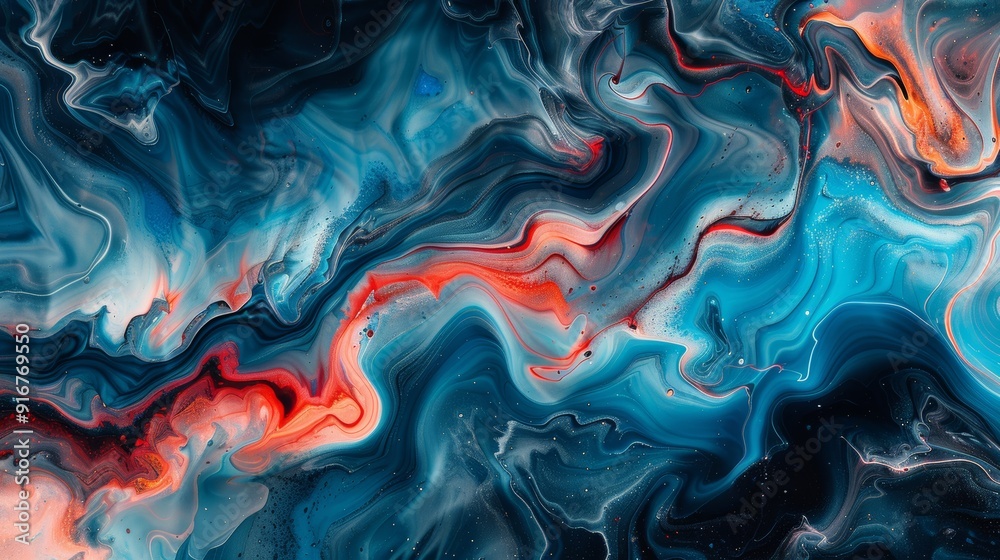 Obraz premium Colorful abstract painting featuring swirling patterns of blue, red, and black in dynamic movement