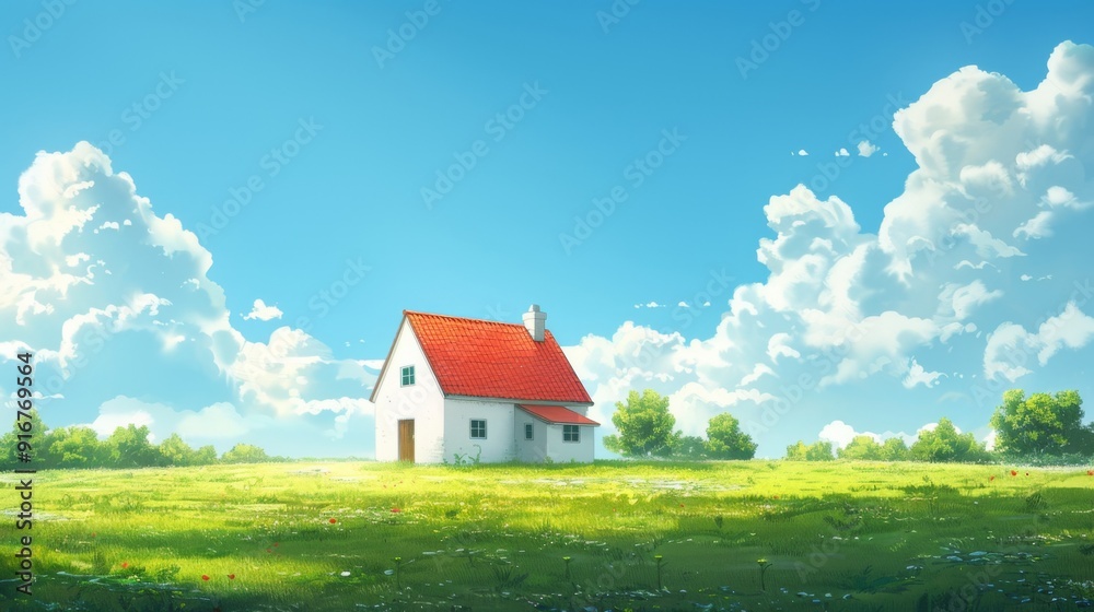 Wide vista of tiny white house with red roof in center of screen, centered on horizon line between blue sky and green fields Wide vista of tiny white house with red roof in center of screen, centered on horizon line between blue sky and green fields