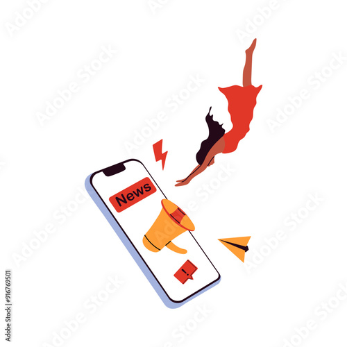 Doomscrolling at social media concept. Dependence on Internet, information and content. Gadget addiction. Illustration of the people fallen into a smartphone.