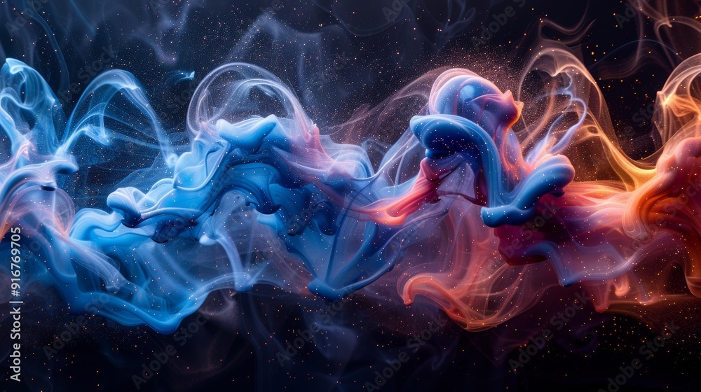 Swirling blue and red smoke blends beautifully in a dark setting at night Swirling blue and red smoke blends beautifully in a dark setting at night