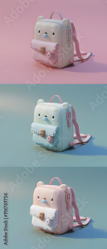 Vertical Adorable clay, back to school ,a child Kindergarten and early childhood classes, muted pastels, 3D clay icon, kawaii bag, cute tiny model	 photo