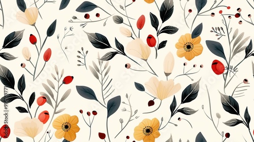 Vintage floral pattern with hand-drawn flowers and leaves