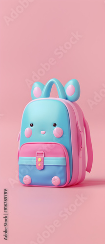 Vertical Adorable clay, back to school ,a child Kindergarten and early childhood classes, muted pastels, 3D clay icon, kawaii bag, cute tiny model	 photo