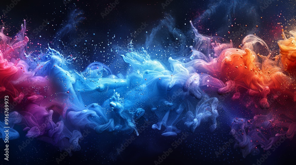 Colorful swirling smoke patterns create an abstract visual effect in a dark background at night