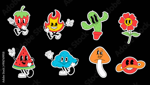 Cartoon abstract character. Retro trendy stickers with funny comic characters and gloved hands. Vintage strawberry, cactus, fire, flower, cloud, mushroom, planet, watermelon