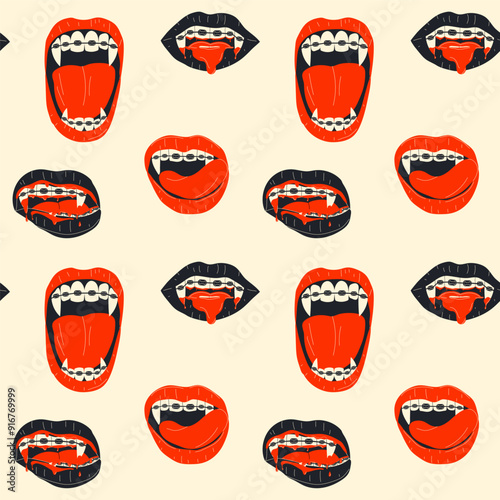 Seamless pattern with Vampire mouth with braces and fangs: closed and open female red lips with long, pointed canine teeth