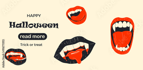 Web page design template. Vampire mouth with fangs. Vector illustration for poster, banner, website development.