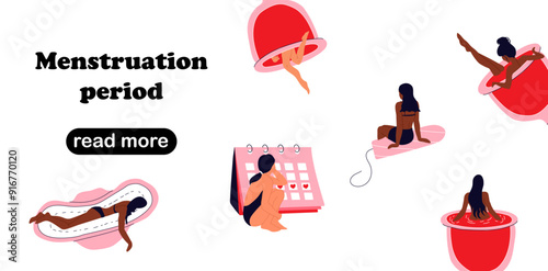 Web page design template for menstrual period, menstruation, premenstrual syndrome, PMS, female reproductive system . Vector illustration for poster, banner, website development. 