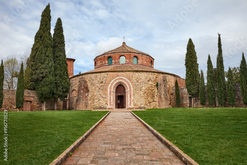 Perugia, Umbria, Italy: the medieval church of San Michele Arcangelo. The circular building dates to the 5th to 6th century and incorporates corinthian capped columns from a prior pagan temple