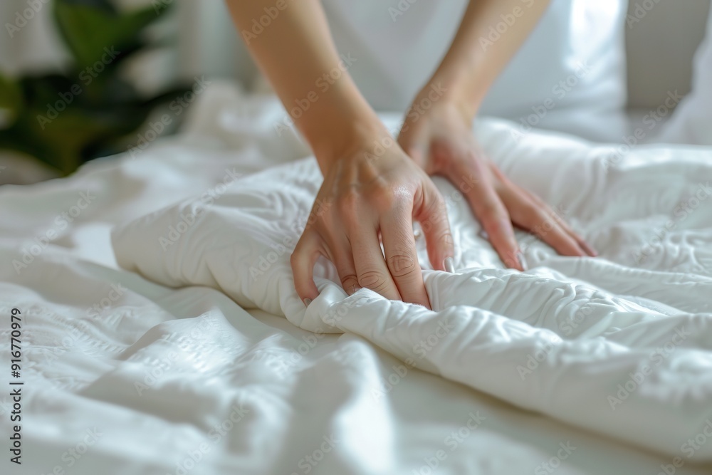 a close-up of the hands woman covering the mattress of her bed with a white fitted sheet, Generative AI. a close-up of the hands woman covering the mattress of her bed with a white fitted sheet, Generative AI.