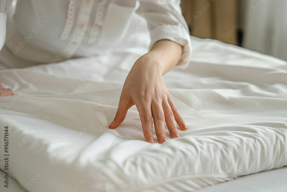 a close-up of the hands woman covering the mattress of her bed with a white fitted sheet, Generative AI.