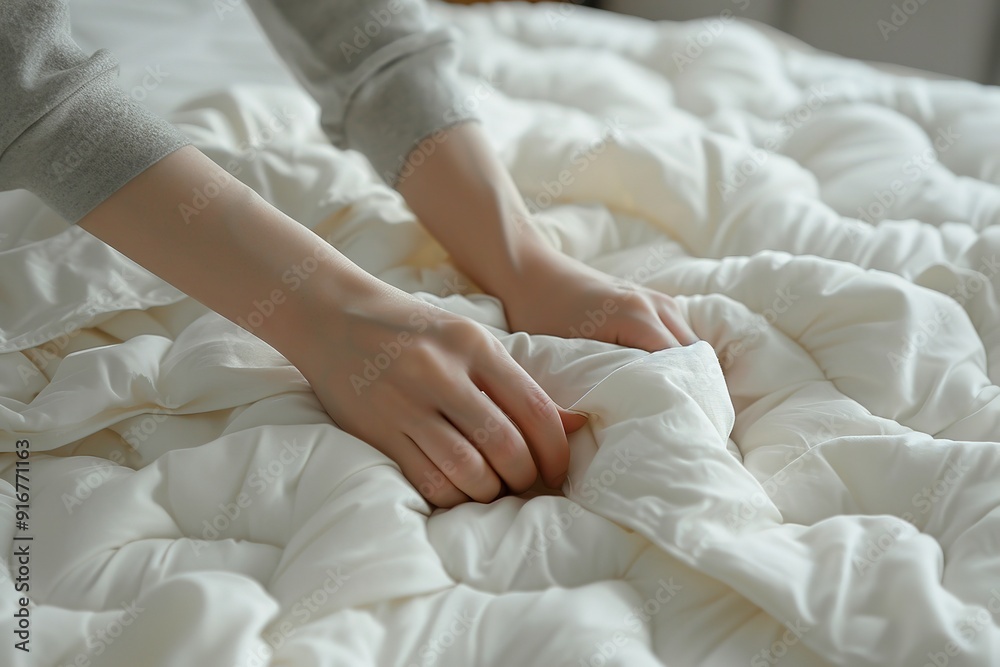 a close-up of the hands woman covering the mattress of her bed with a white fitted sheet, Generative AI. a close-up of the hands woman covering the mattress of her bed with a white fitted sheet, Generative AI.
