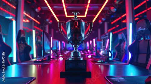 eSports Winner's Trophy on Stage in the Center of the Computer Video Game Championship Arena