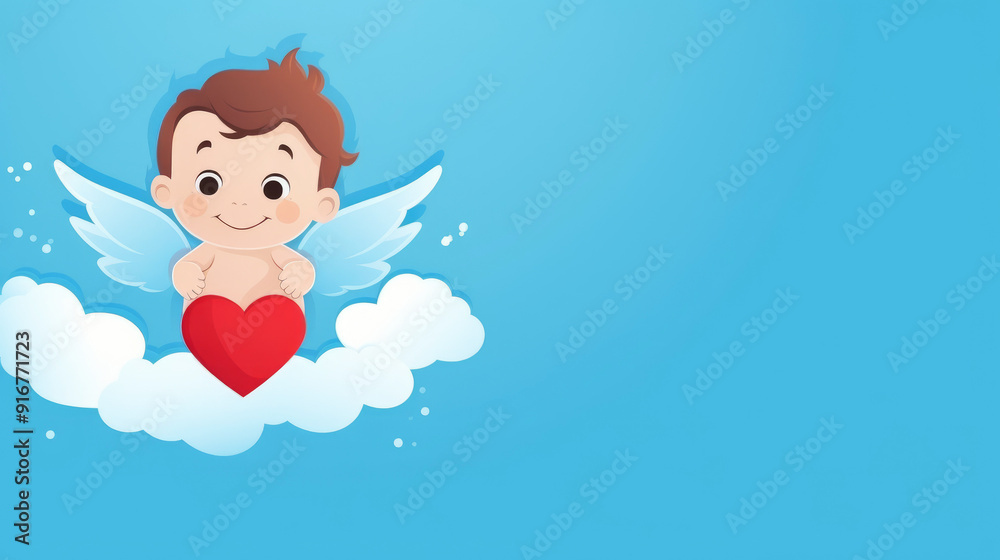 Happy Valentine's Day banner. Cupid in cartoon style on blue background Happy Valentine's Day banner. Cupid in cartoon style on blue background