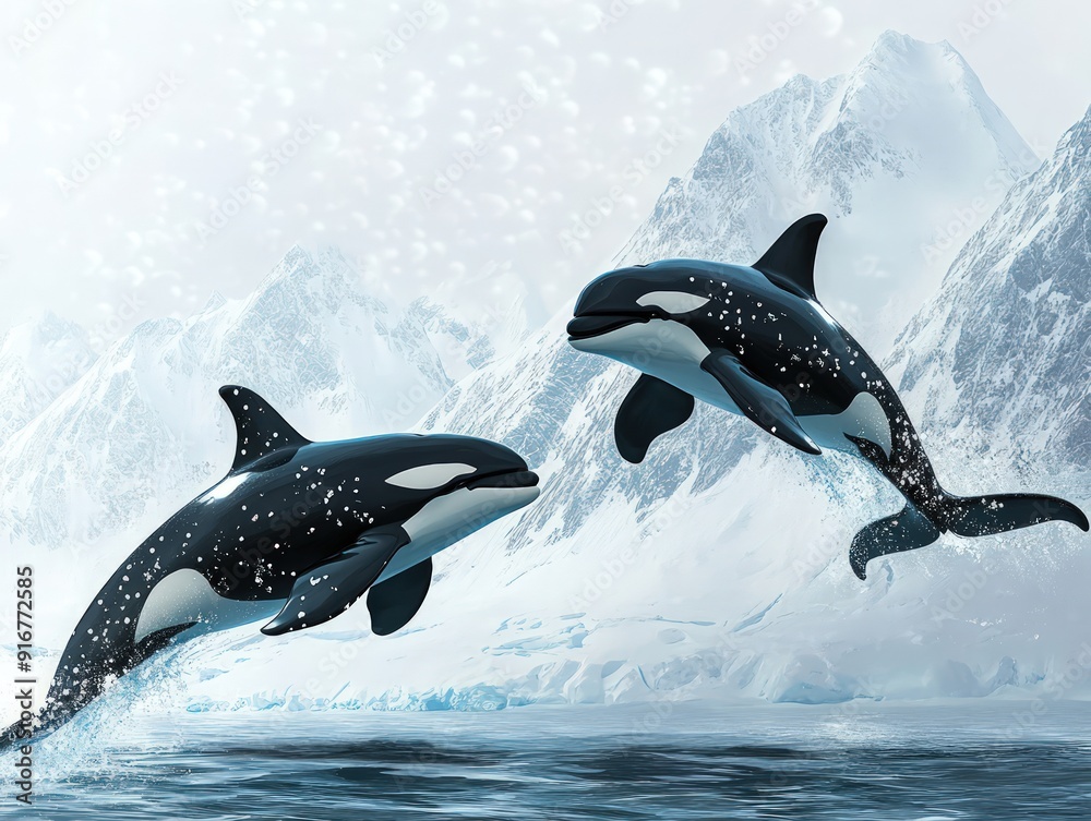 Obraz premium Two Orcas Leaping in Snowy Mountains