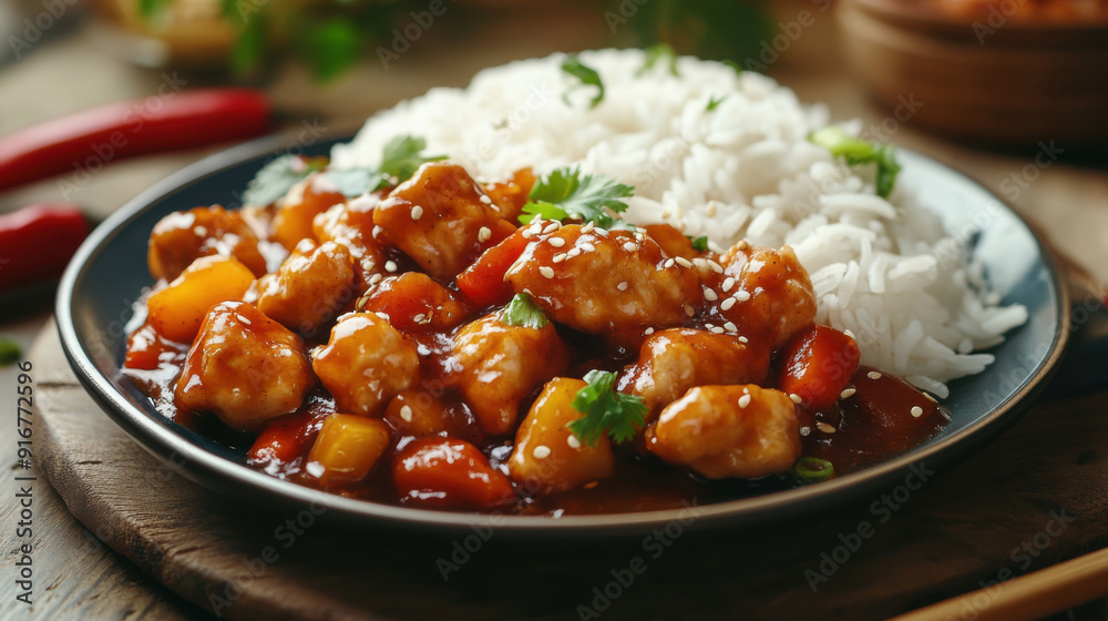Spicy stir-fried pork and chicken with chili sauce. Spicy stir-fried pork and chicken with chili sauce.