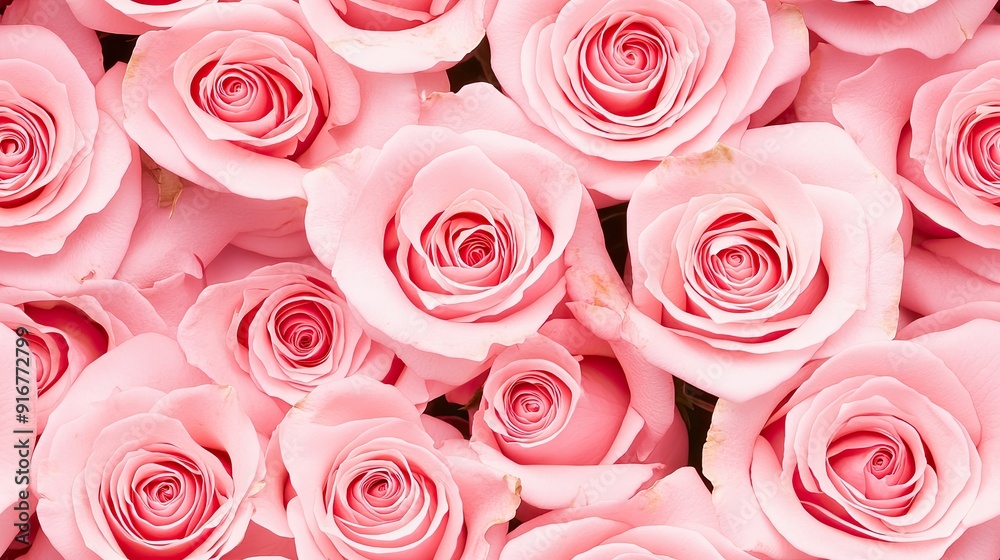 A vibrant display of pink roses with lush green leaves in a top view arrangement A vibrant display of pink roses with lush green leaves in a top view arrangement