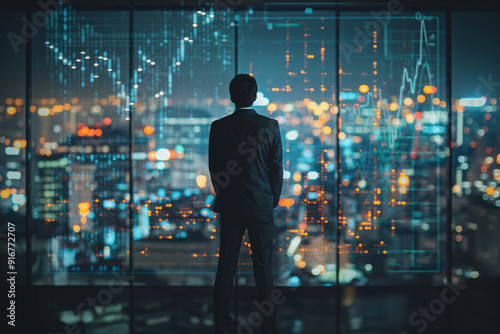 Confident businessman in a suit standing in front of a large window overlooking a night city view, city lights, with digital data and financial charts superimposed on the window.